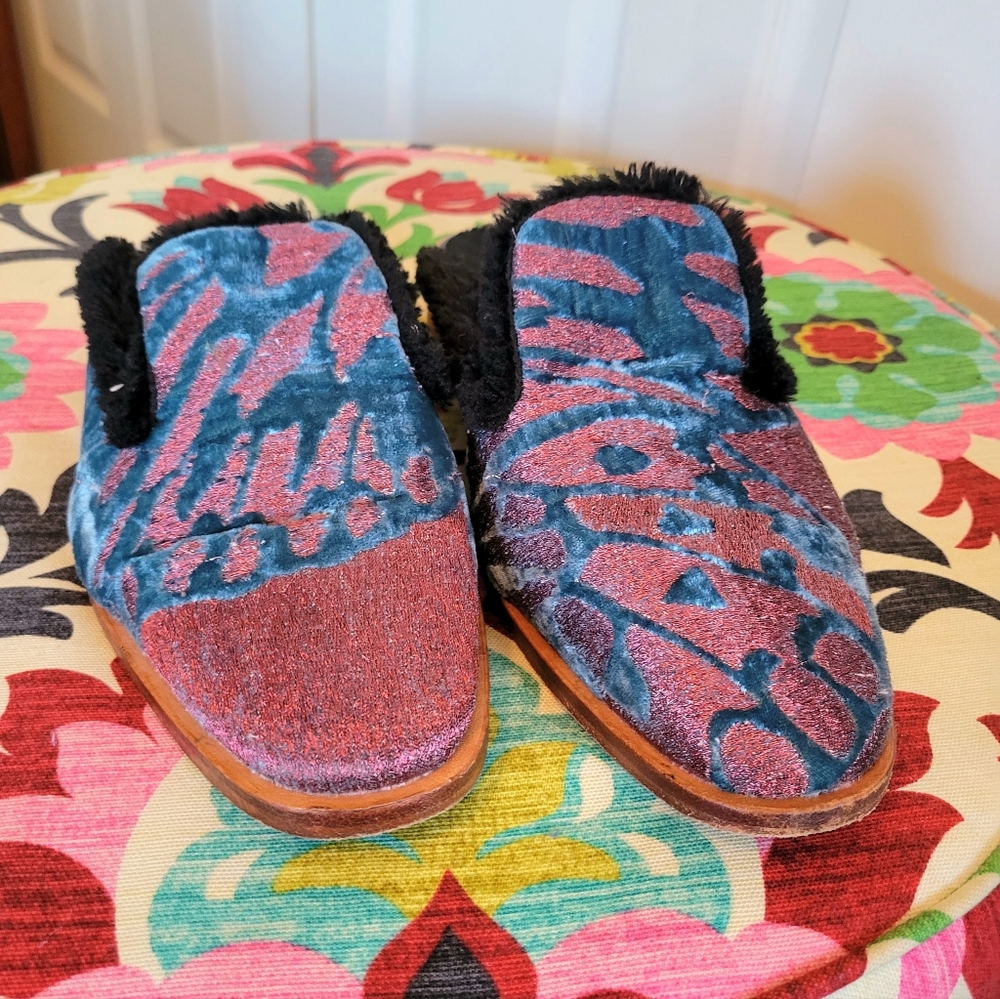 Free People Fuzzy Metallic Thread Butterfly Slides Mules Shoes